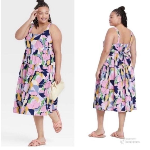 Ava & Viv Plus Size 3X Tie-Back, Tiered Floral Midi Dress with Pockets - Picture 6 of 6